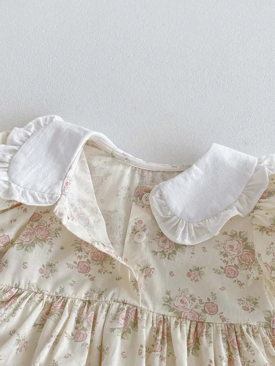 半袖ロンパース ベビーロンパース 半袖パフスリーブ フリル丸襟ブラウス スカートボディスーツ アプリコット【mh0006189】