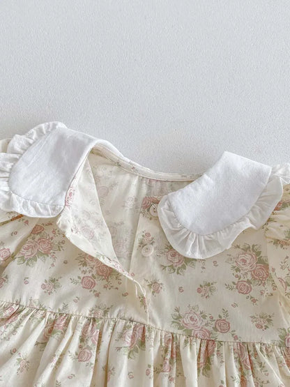 半袖ロンパース ベビーロンパース 半袖パフスリーブ フリル丸襟ブラウス スカートボディスーツ アプリコット【mh0006189】