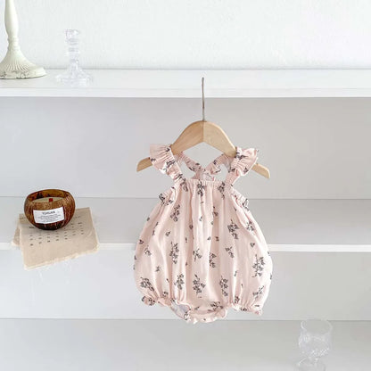 ノースリーブロンパース ベビーロンパース フリルサスペンダーボディスーツ フラワー花柄プリント【mh0006193】