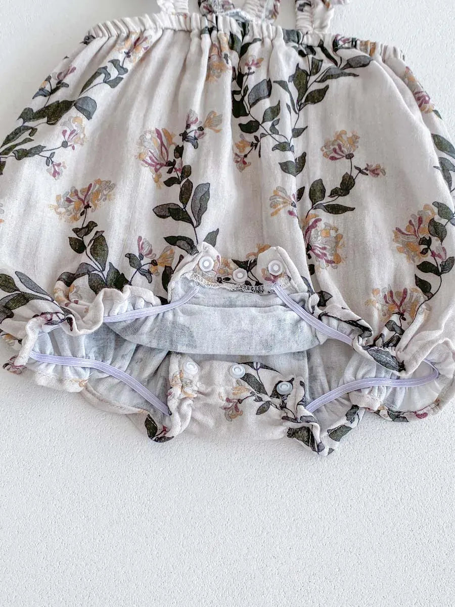 ノースリーブロンパース ベビーロンパース フリルサスペンダーボディスーツ フラワー花柄プリント【mh0006193】