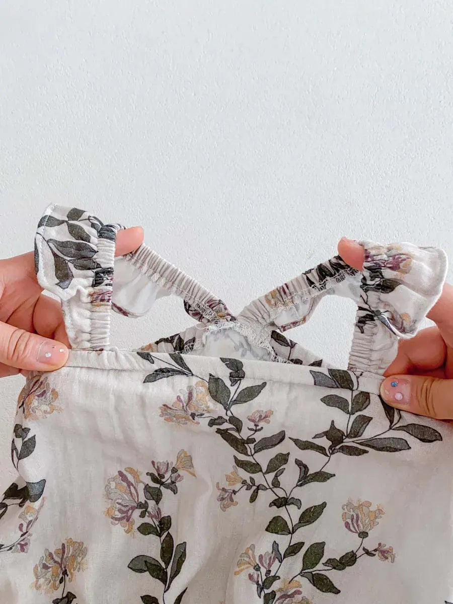 ノースリーブロンパース ベビーロンパース フリルサスペンダーボディスーツ フラワー花柄プリント【mh0006193】