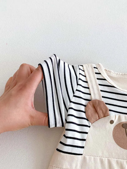 半袖ロンパース ベビーロンパース 半袖ドッキングジャンプスーツ くまベア ボーダー【mh0006194】