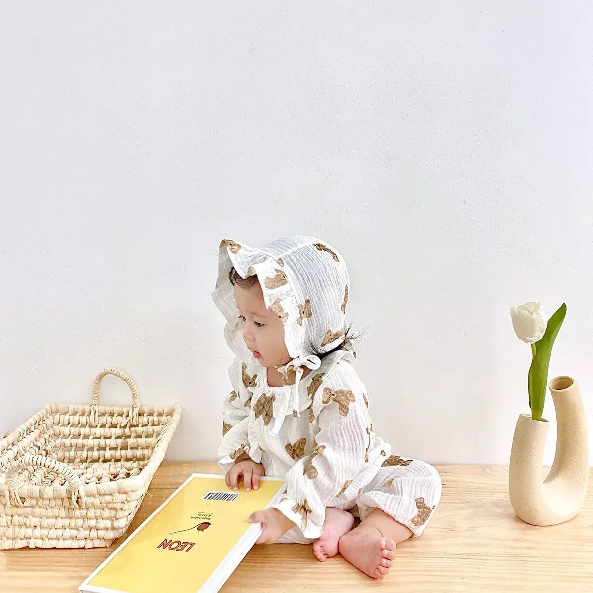 長袖ロンパース ベビーロンパース 帽子セット 長袖ジャンプスーツ ベアくまプリント ベージュ【mh0006224】