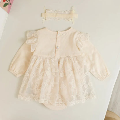 長袖ロンパース ベビーロンパース ヘアバンドセット 長袖スカートボディスーツ レース ヘアリボン ベージュ【mh0006225】