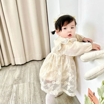 長袖ロンパース ベビーロンパース ヘアバンドセット 長袖スカートボディスーツ レース ヘアリボン ベージュ【mh0006225】