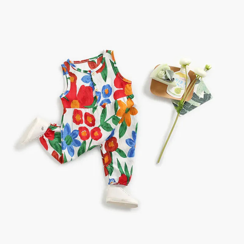 ノースリーブジャンプスーツ ベビージャンプスーツ ノースリーブつなぎ フラワー花柄プリント【mh0006233】