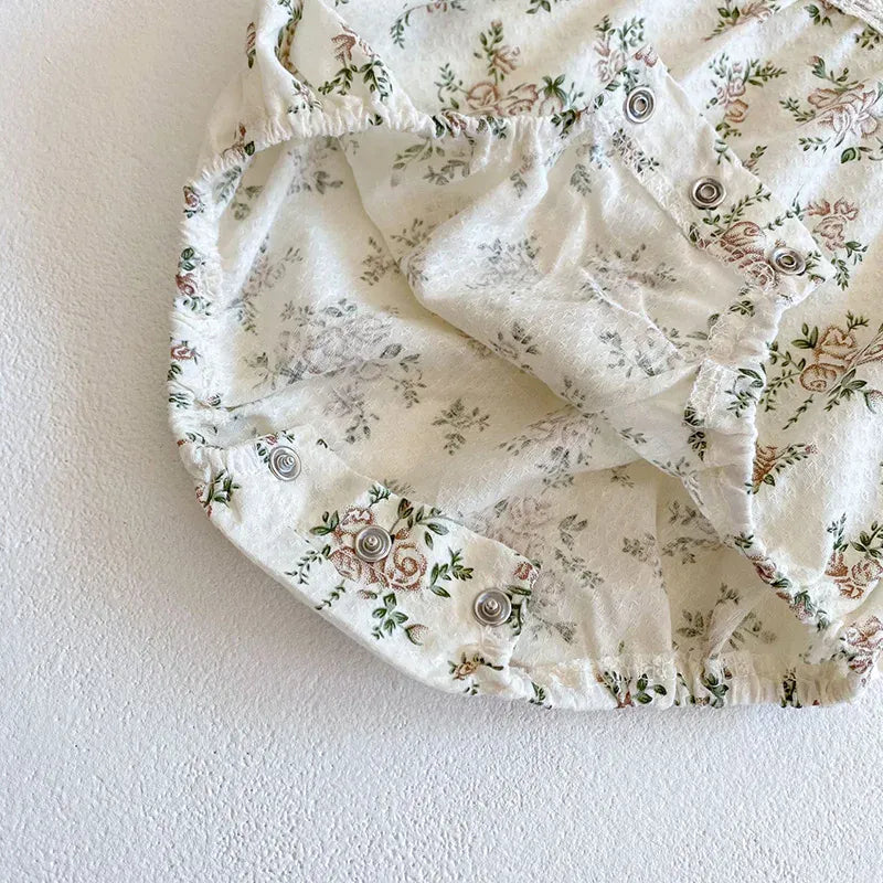 長袖ロンパース ベビーロンパース ボンネットセット 長袖ボディスーツ フラワー小花柄 レース帽子セット【mh0006236】