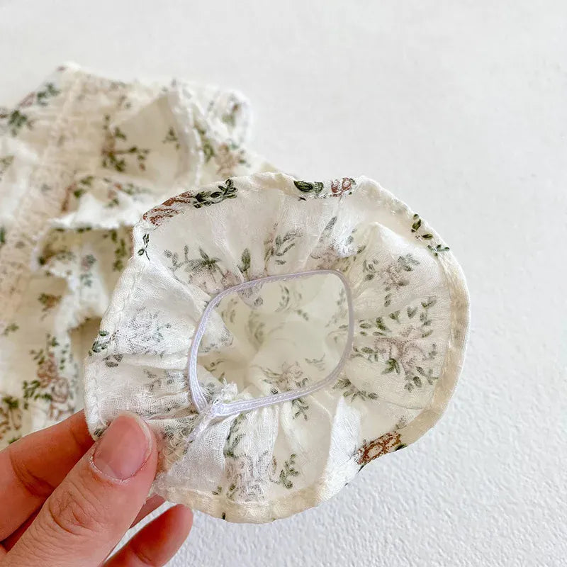 長袖ロンパース ベビーロンパース ボンネットセット 長袖ボディスーツ フラワー小花柄 レース帽子セット【mh0006236】