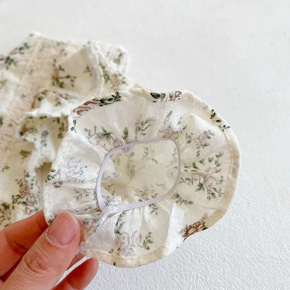 長袖ロンパース ベビーロンパース ボンネットセット 長袖ボディスーツ フラワー小花柄 レース帽子セット【mh0006236】