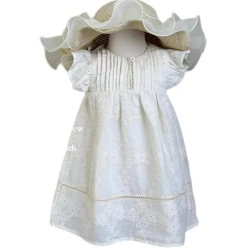 半袖ワンピース キッズワンピース 半袖フリルレースワンピース ピンタック お出かけ ベージュ【mh0006245】