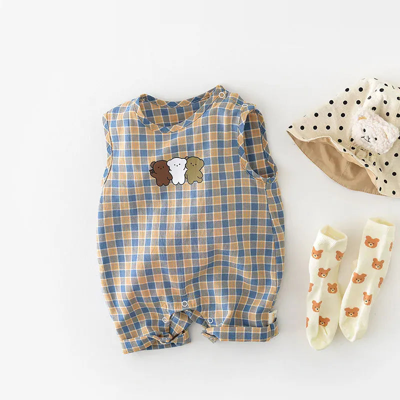 ノースリーブジャンプスーツ ベビージャンプスーツ ノースリーブチェックボディスーツ ベアくまプリント【mh0006261】