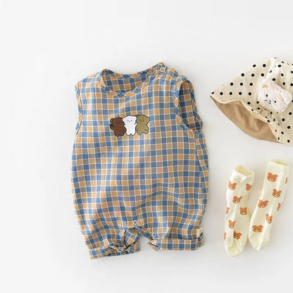 ノースリーブジャンプスーツ ベビージャンプスーツ ノースリーブチェックボディスーツ ベアくまプリント【mh0006261】