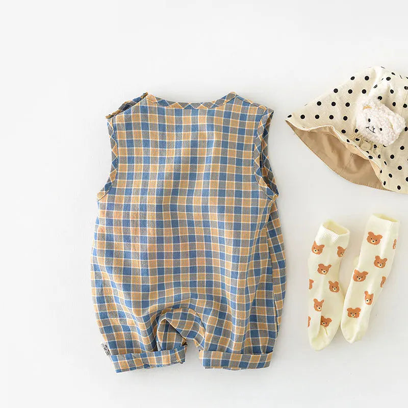ノースリーブジャンプスーツ ベビージャンプスーツ ノースリーブチェックボディスーツ ベアくまプリント【mh0006261】