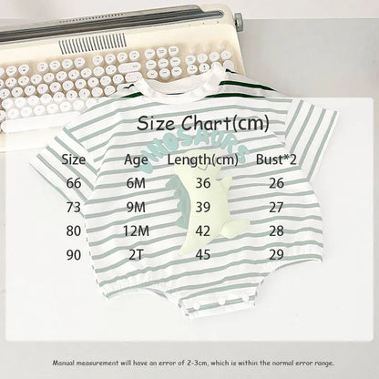 半袖ロンパース ベビーロンパース 半袖ボディスーツ ボーダー 恐竜アップリケ【mh0006266】