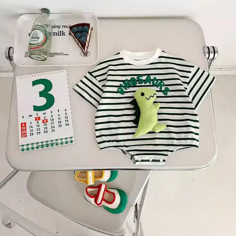 半袖ロンパース ベビーロンパース 半袖ボディスーツ ボーダー 恐竜アップリケ【mh0006266】