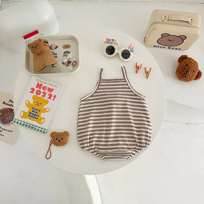 ノースリーブロンパース ベビーロンパース キャミソールボディスーツ ボーダー ベアくまアップリケ【mh0006267】