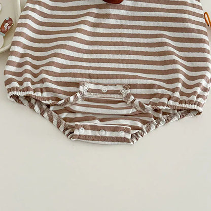 ノースリーブロンパース ベビーロンパース キャミソールボディスーツ ボーダー ベアくまアップリケ【mh0006267】