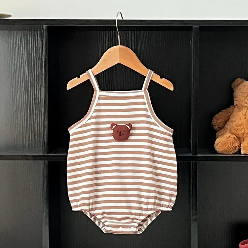 ノースリーブロンパース ベビーロンパース キャミソールボディスーツ ボーダー ベアくまアップリケ【mh0006267】