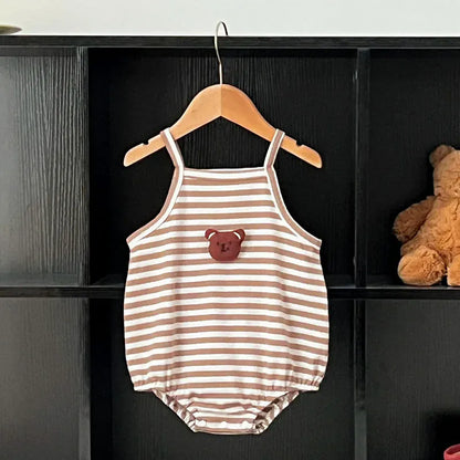 ノースリーブロンパース ベビーロンパース キャミソールボディスーツ ボーダー ベアくまアップリケ【mh0006267】