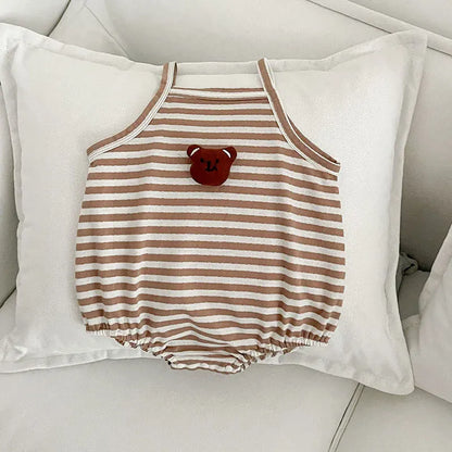 ノースリーブロンパース ベビーロンパース キャミソールボディスーツ ボーダー ベアくまアップリケ【mh0006267】