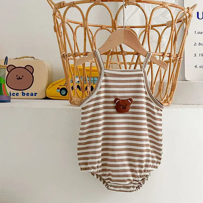 ノースリーブロンパース ベビーロンパース キャミソールボディスーツ ボーダー ベアくまアップリケ【mh0006267】