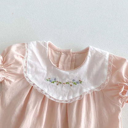 半袖ロンパース ベビーロンパース 半袖ボディスーツ フラワー刺繍 ピンク【mh0006272】