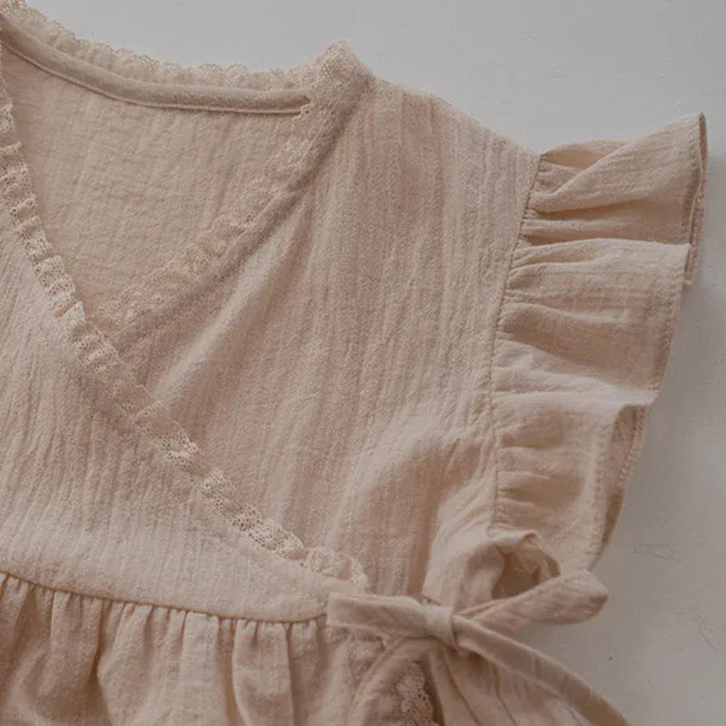 半袖シャツ・ブラウス キッズトップス フリルスリーブ ラップチュニックブラウス コットン ベージュ【mh0006282】
