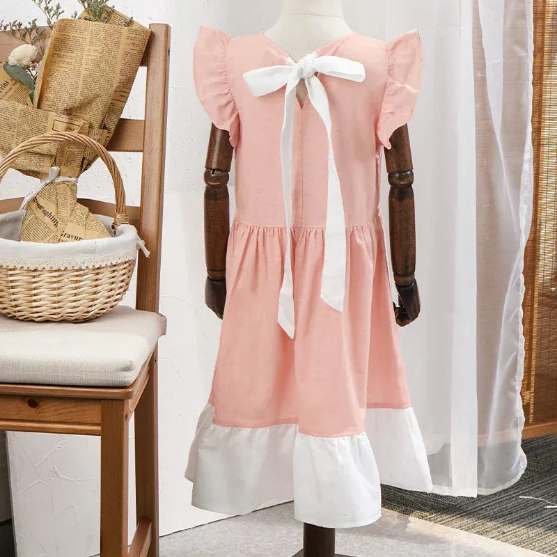 半袖ワンピース キッズワンピース バタフライスリーブ プリンセスドレスワンピース コットンリネン ピンク【mh0006284】