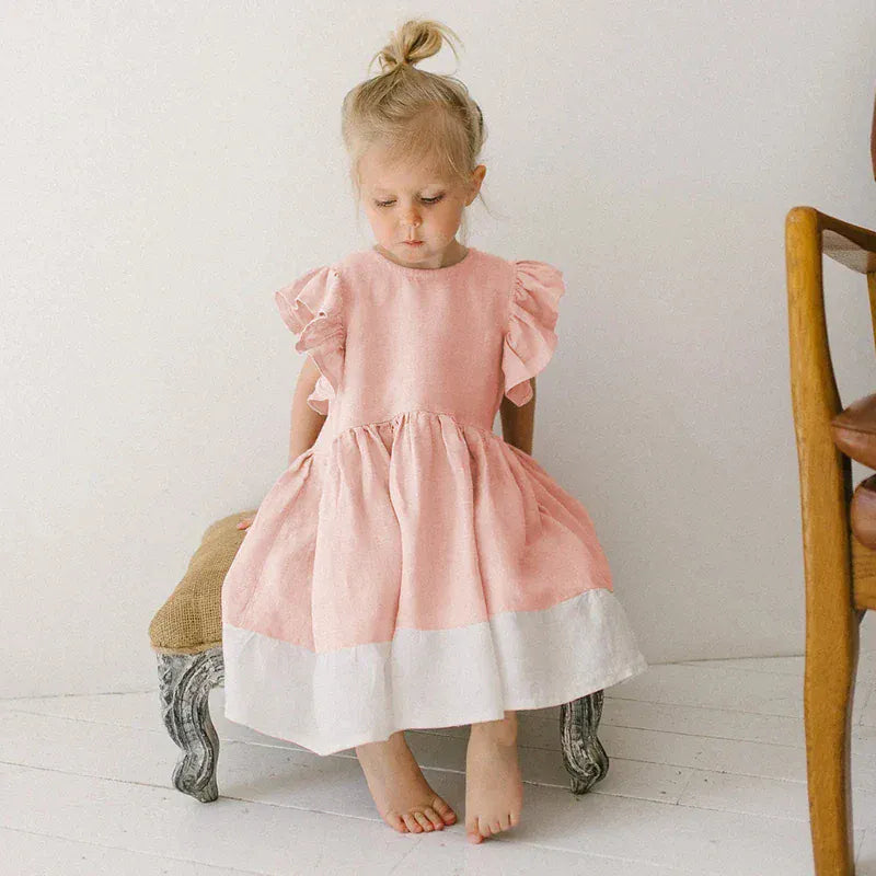 半袖ワンピース キッズワンピース バタフライスリーブ プリンセスドレスワンピース コットンリネン ピンク【mh0006284】
