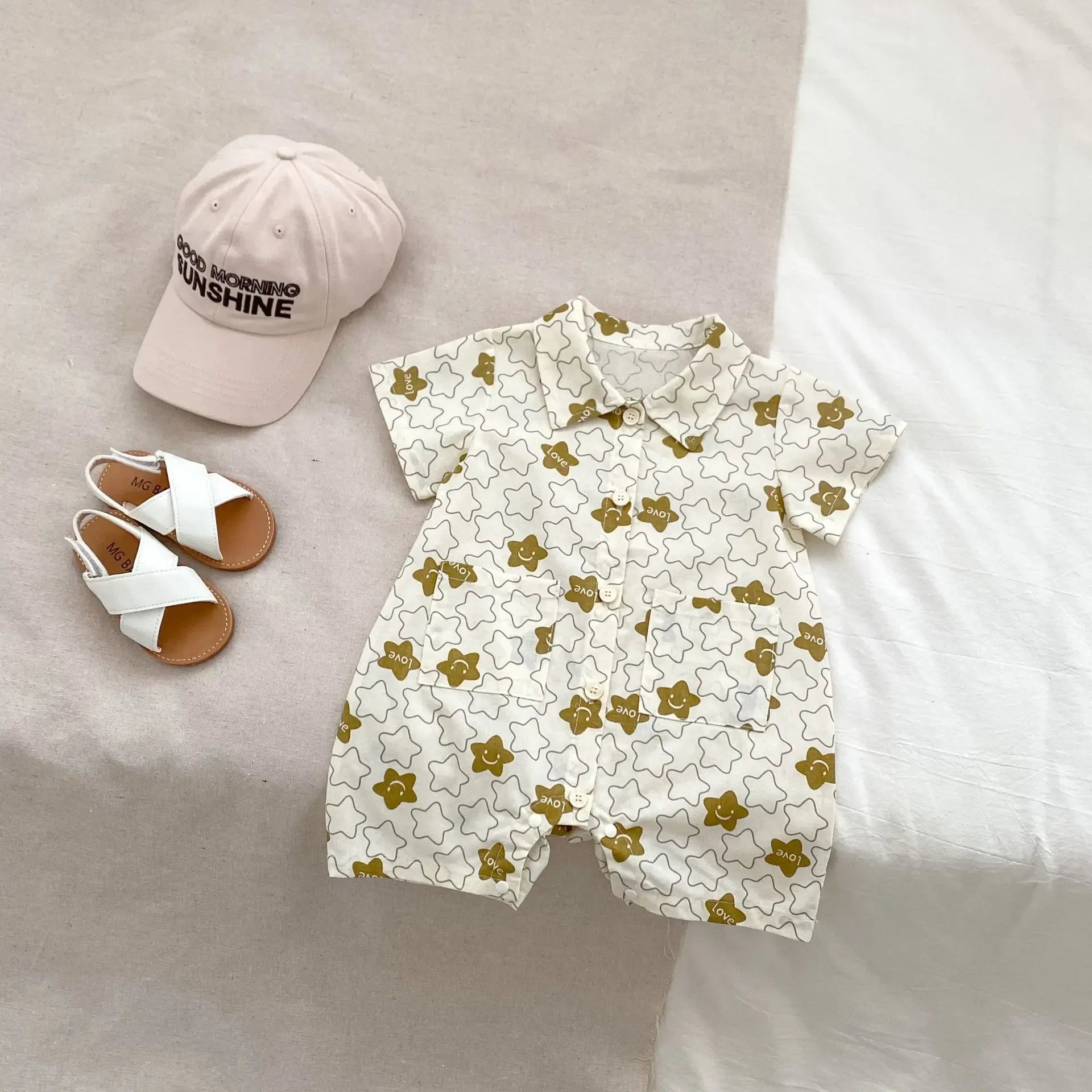 半袖ジャンプスーツ ベビージャンプスーツ 半袖つなぎ 恐竜ダイナソー/星スタープリント【mh0006312】