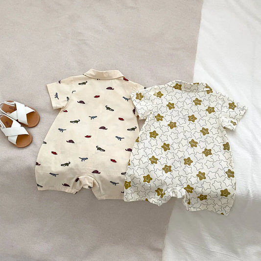 半袖ジャンプスーツ ベビージャンプスーツ 半袖つなぎ 恐竜ダイナソー/星スタープリント【mh0006312】