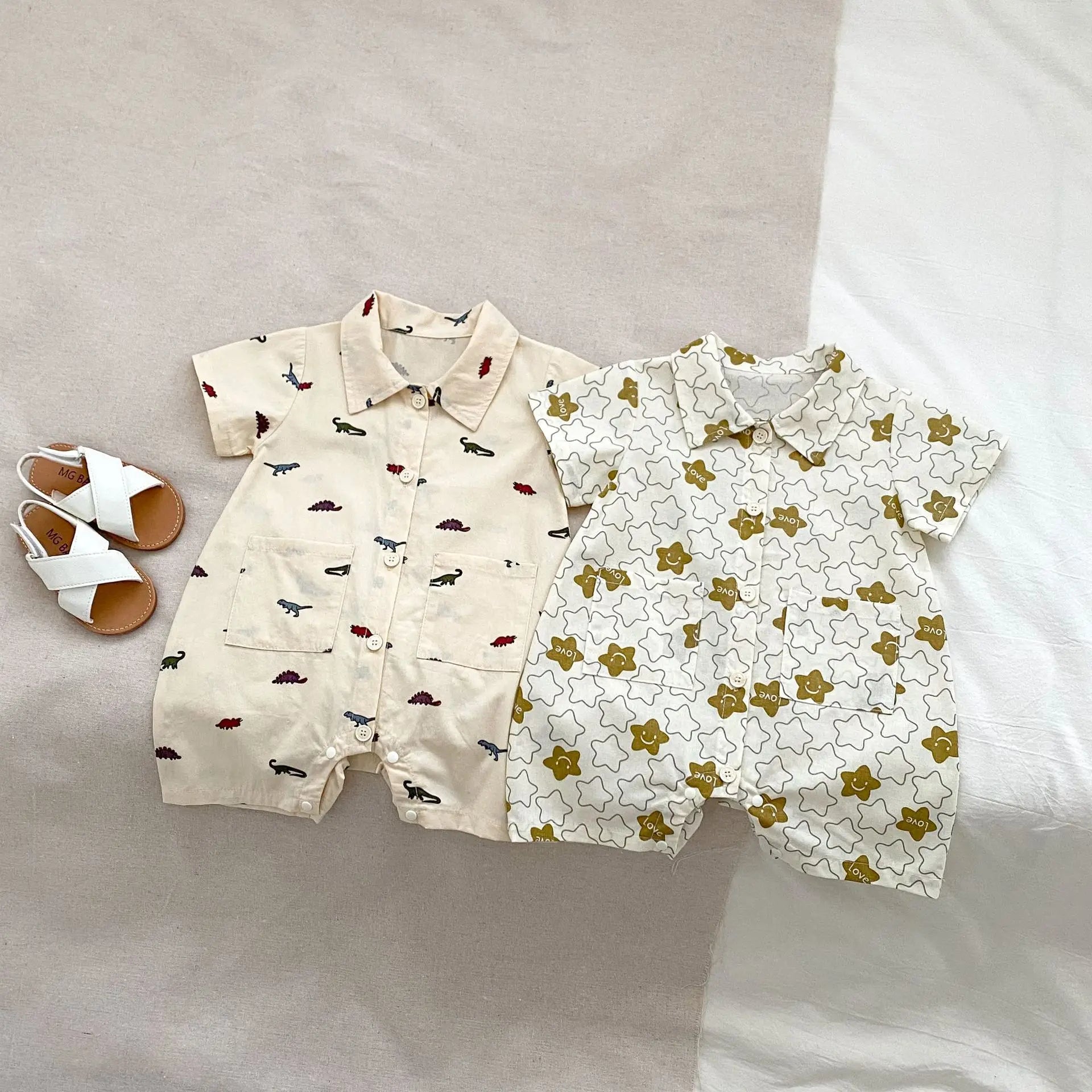 半袖ジャンプスーツ ベビージャンプスーツ 半袖つなぎ 恐竜ダイナソー/星スタープリント【mh0006312】