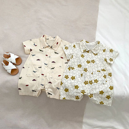 半袖ジャンプスーツ ベビージャンプスーツ 半袖つなぎ 恐竜ダイナソー/星スタープリント【mh0006312】