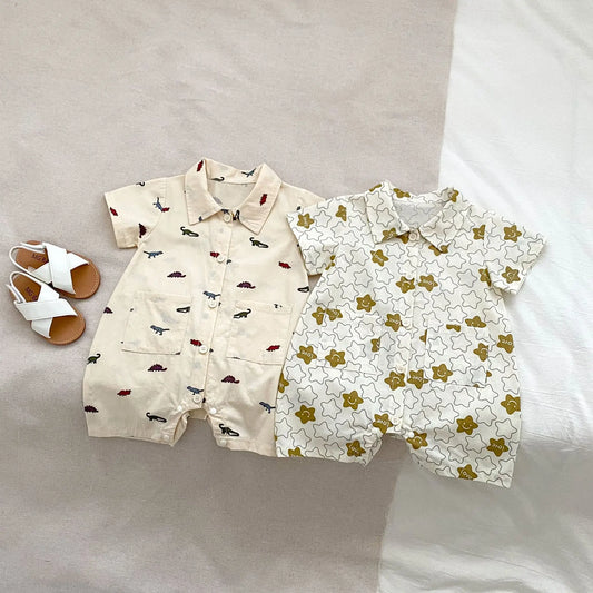 半袖ジャンプスーツ ベビージャンプスーツ 半袖つなぎ 恐竜ダイナソー/星スタープリント【mh0006312】