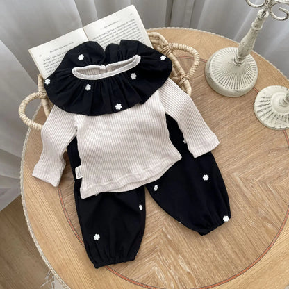 長袖セットアップ ベビートップス/パンツ ニット ラッフルフリルカラー長袖カットソートップス/ペプラムフリルロングパンツ フラワー花柄刺繍【mh0006352】