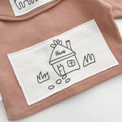 カーディガン・パーカー ベビーカーディガン ニットジャケット お絵描き 猫 家 パッチワーク ビッグラペルカラー ピンク【mh0006355】