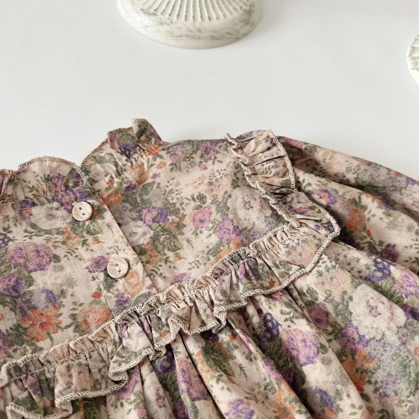 長袖ロンパース ベビーロンパース 長袖ボディスーツ フリルスタンドカラー フラワー花柄プリント【mh0006387】