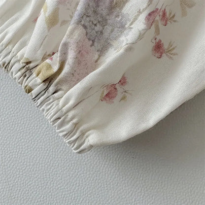 長袖ロンパース ベビーロンパース 長袖ボディスーツ ショルダーフリル フリルスタンドカラー フラワー花柄プリント【mh0006388】