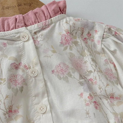 長袖ロンパース ベビーロンパース 長袖ボディスーツ ショルダーフリル フリルスタンドカラー フラワー花柄プリント【mh0006388】