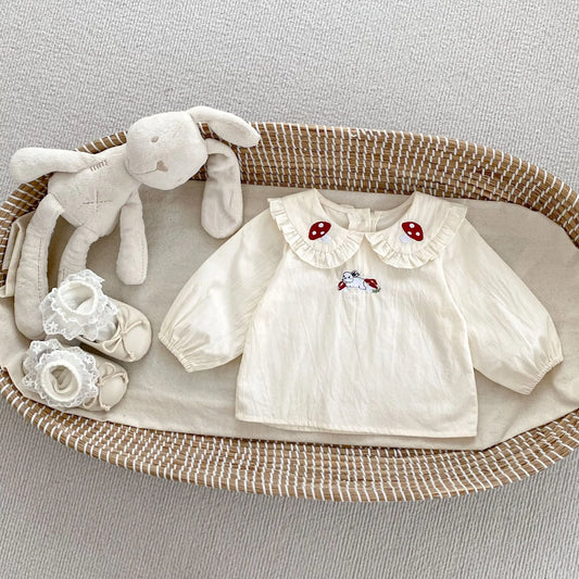 長袖シャツ・ブラウス ベビートップス 長袖ビッグ襟ブラウス きのこうさぎ刺繍【mh0006397】