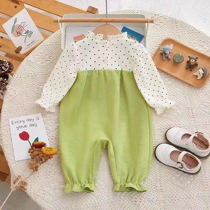 長袖ロンパース ベビーロンパース 長袖ドッキングジャンプスーツ 水玉ドット フラワーアップリケ【mh0006448】