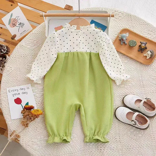 長袖ロンパース ベビーロンパース 長袖ドッキングジャンプスーツ 水玉ドット フラワーアップリケ【mh0006448】