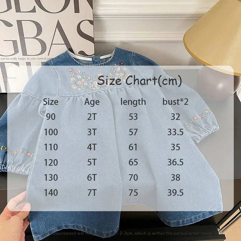 長袖ワンピース キッズワンピース デニム 長袖ワンピース フラワー花柄刺繍【mh0006449】