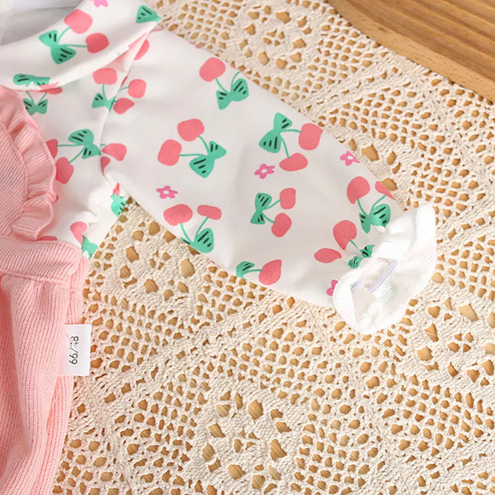 長袖ロンパース ベビーロンパース リボンヘアバンドセット ドッキング長袖ボディスーツ フリル リボン チェリー ピンク【mh0006457】