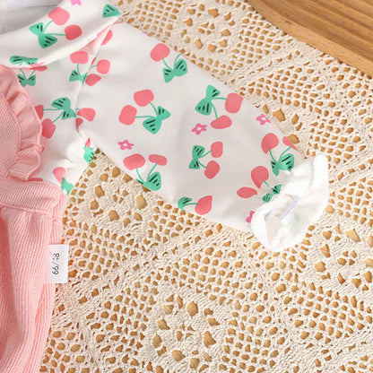 長袖ロンパース ベビーロンパース リボンヘアバンドセット ドッキング長袖ボディスーツ フリル リボン チェリー ピンク【mh0006457】