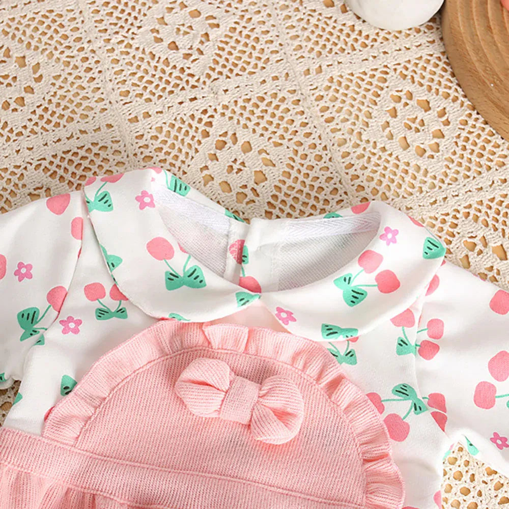 長袖ロンパース ベビーロンパース リボンヘアバンドセット ドッキング長袖ボディスーツ フリル リボン チェリー ピンク【mh0006457】