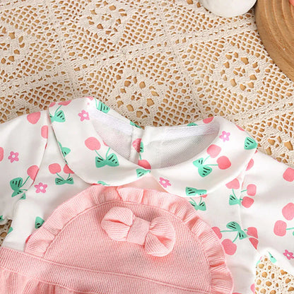 長袖ロンパース ベビーロンパース リボンヘアバンドセット ドッキング長袖ボディスーツ フリル リボン チェリー ピンク【mh0006457】