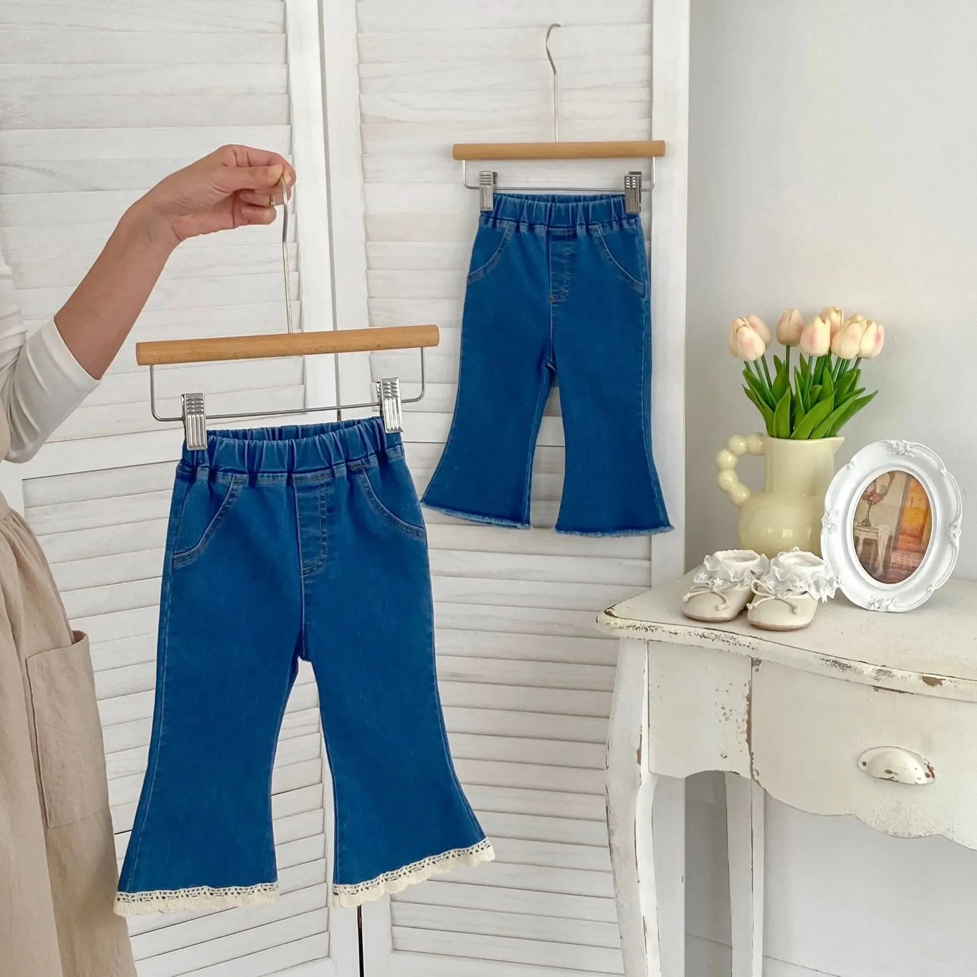 デニムパンツ キッズパンツ デニム フレアパンツ 裾レース ジーンズ ジーパン【mh0006462】
