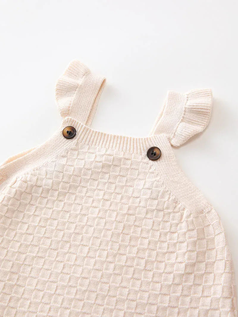 ノースリーブロンパース ベビーロンパース サスペンダージャンプスーツ ニット フリル ベージュ【mh0006472】