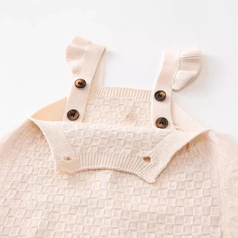 ノースリーブロンパース ベビーロンパース サスペンダージャンプスーツ ニット フリル ベージュ【mh0006472】